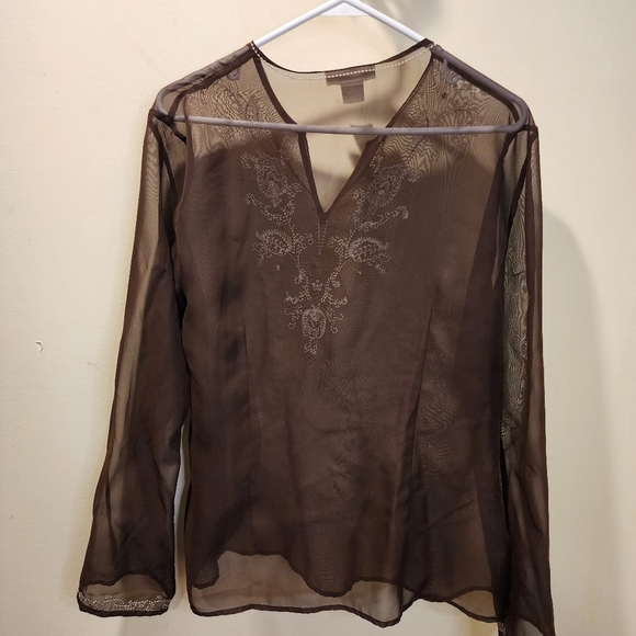 CHADWICKS women's brown tunic see though embroidered material top size 16 - Picture 2 of 10